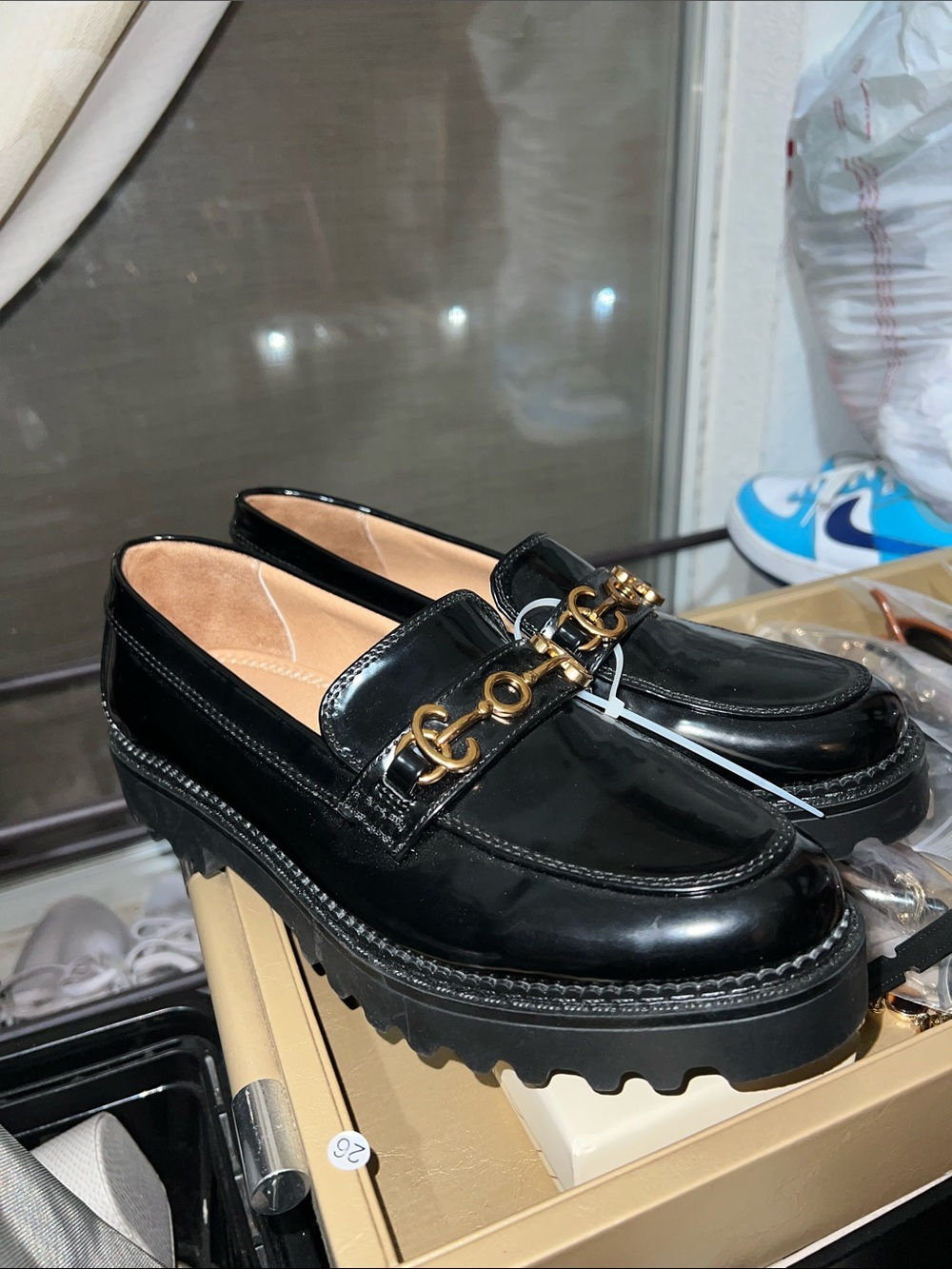 Sam Edelman Black Patent Loafers with Gold Chain Accent